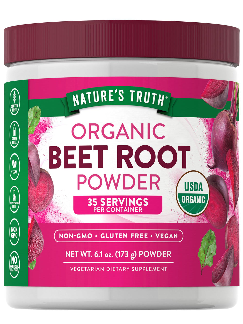 Front label of Nature's Truth Organic Beet Root Powder 6.1 oz