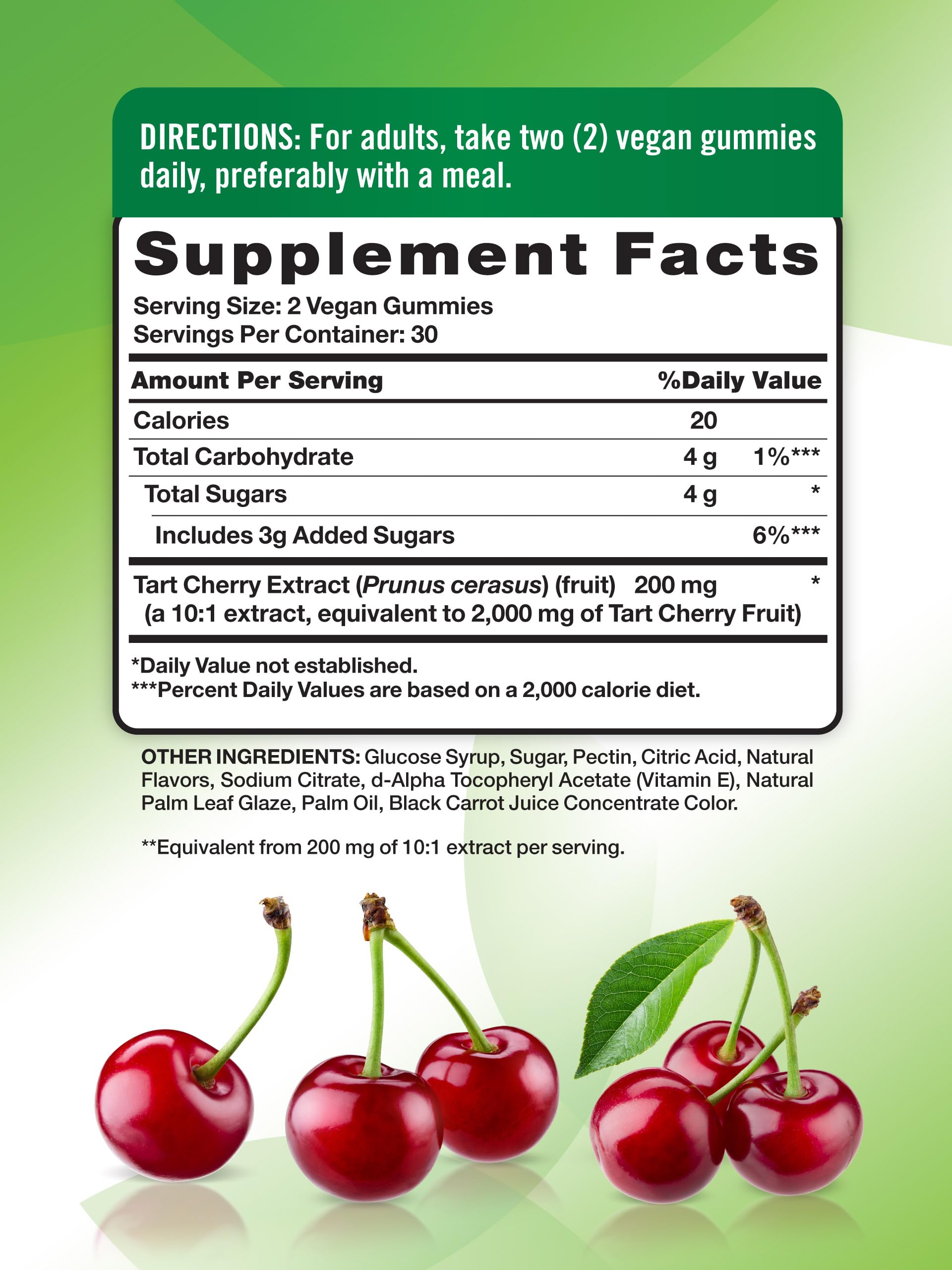 Close-up of Tart Cherry Gummies label showing 2000mg per serving