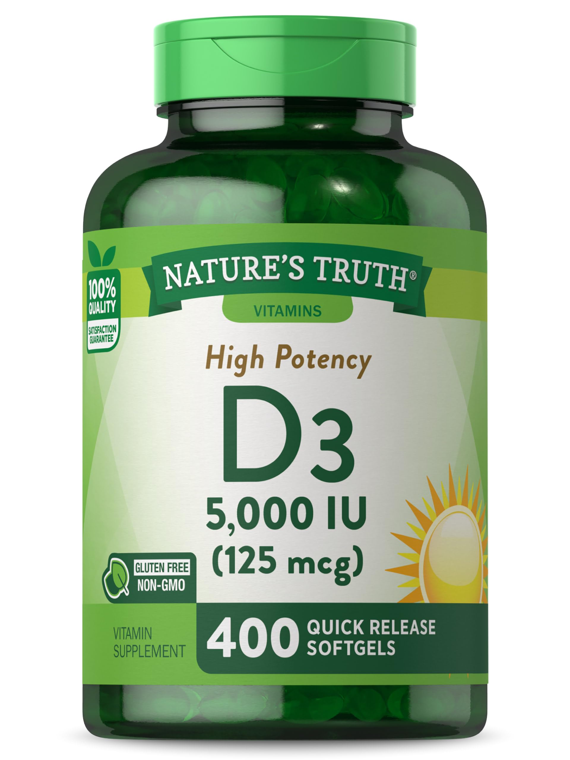 Front view of Nature's Truth Vitamin D3 5000 IU Softgels bottle
