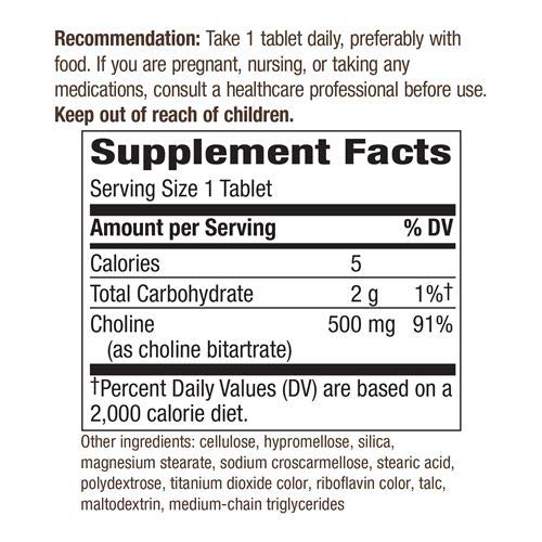 Supplement facts panel for Nature's Way Choline 500 mg