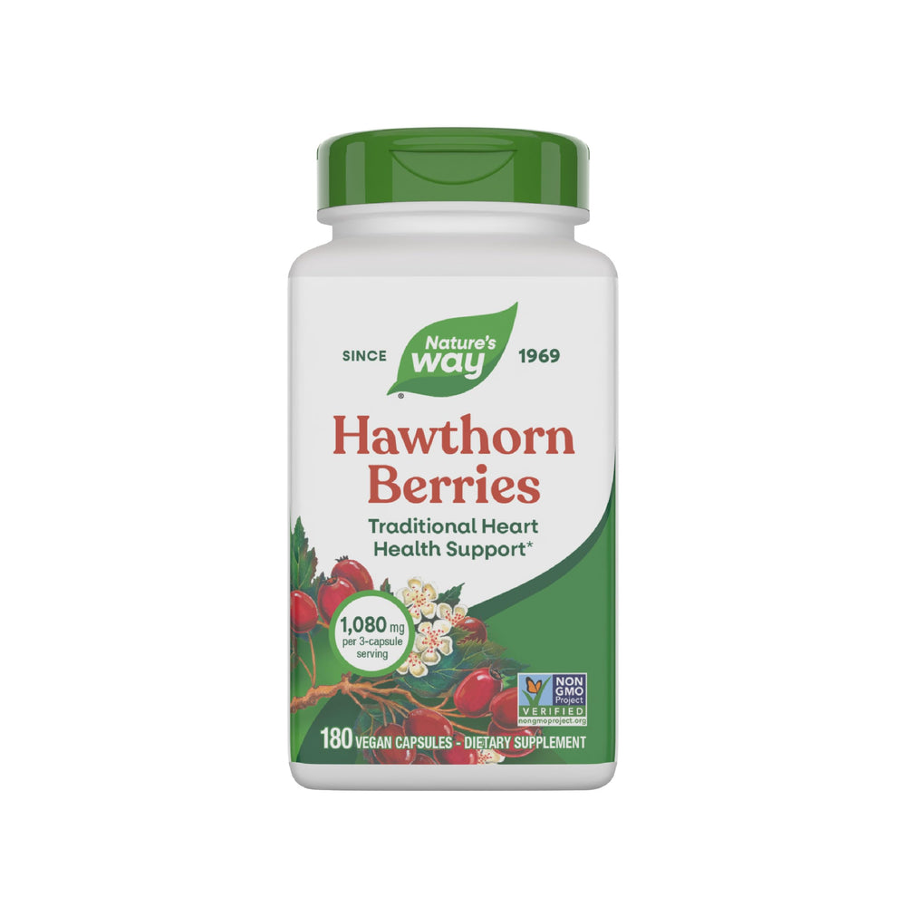 Nature's Way Hawthorn Berries bottle with 180 vegan capsules