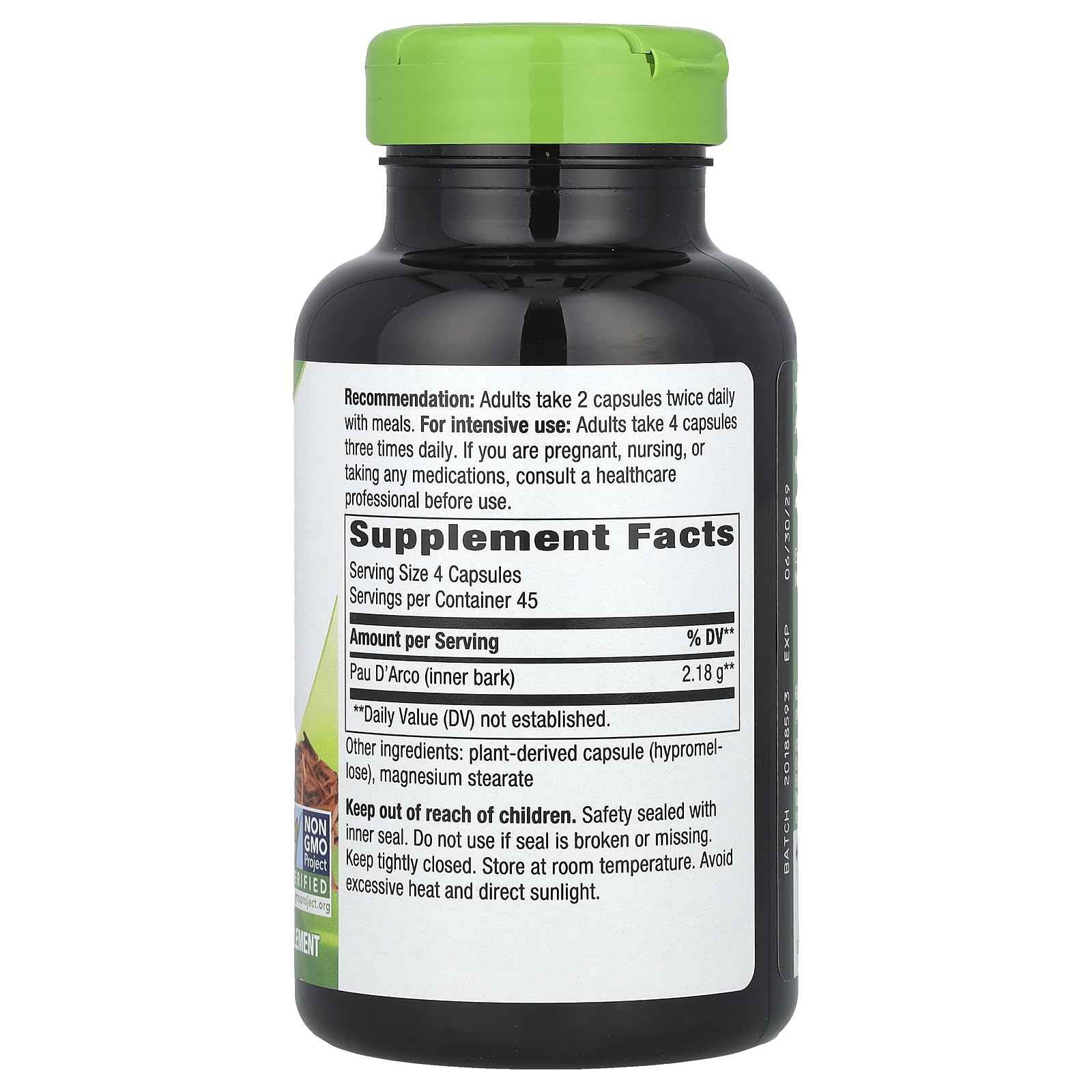 Pau D'Arco Inner Bark capsules close-up with bottle label