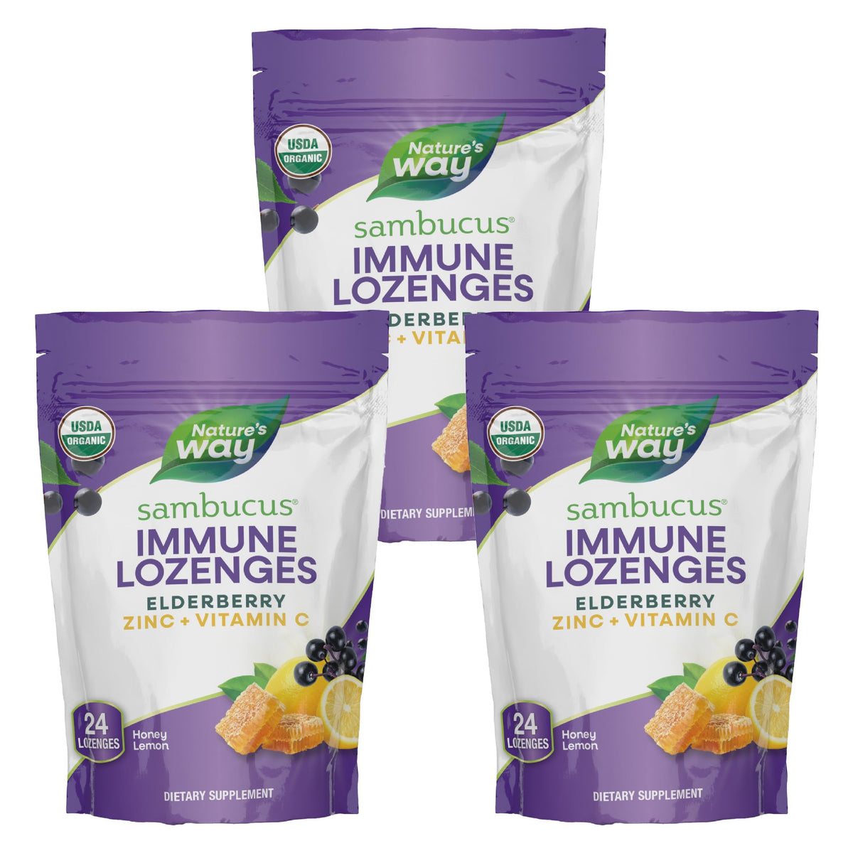 Front view of Nature's Way Sambucus Immune Lozenges 3-pack box