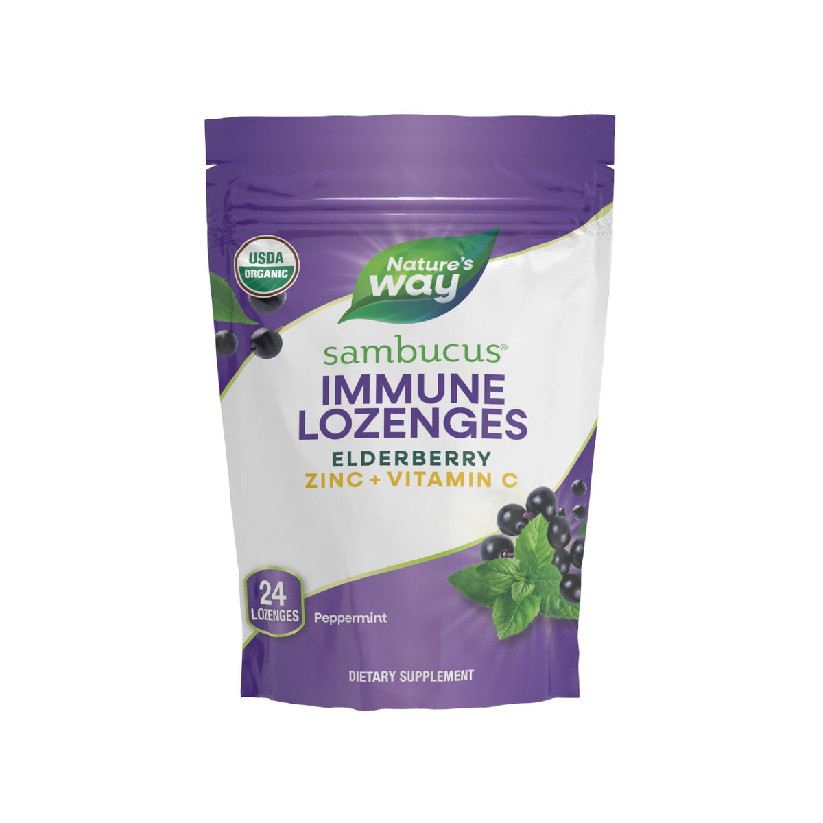 Bottle of Nature’s Way Sambucus Zinc Lozenges with elderberry and peppermint