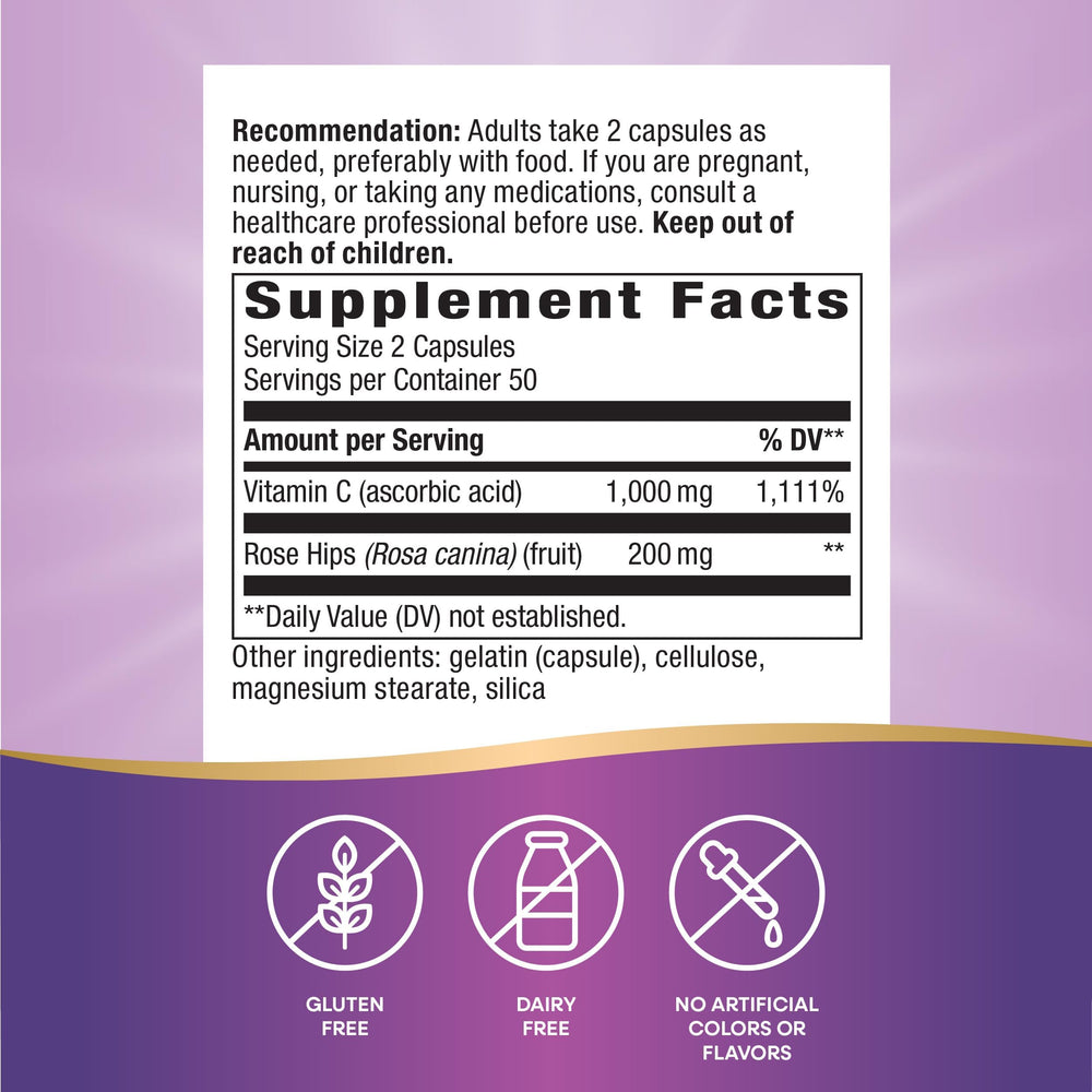 Close-up of Nature's Way Vitamin C with Rose Hips packaging for immune support
