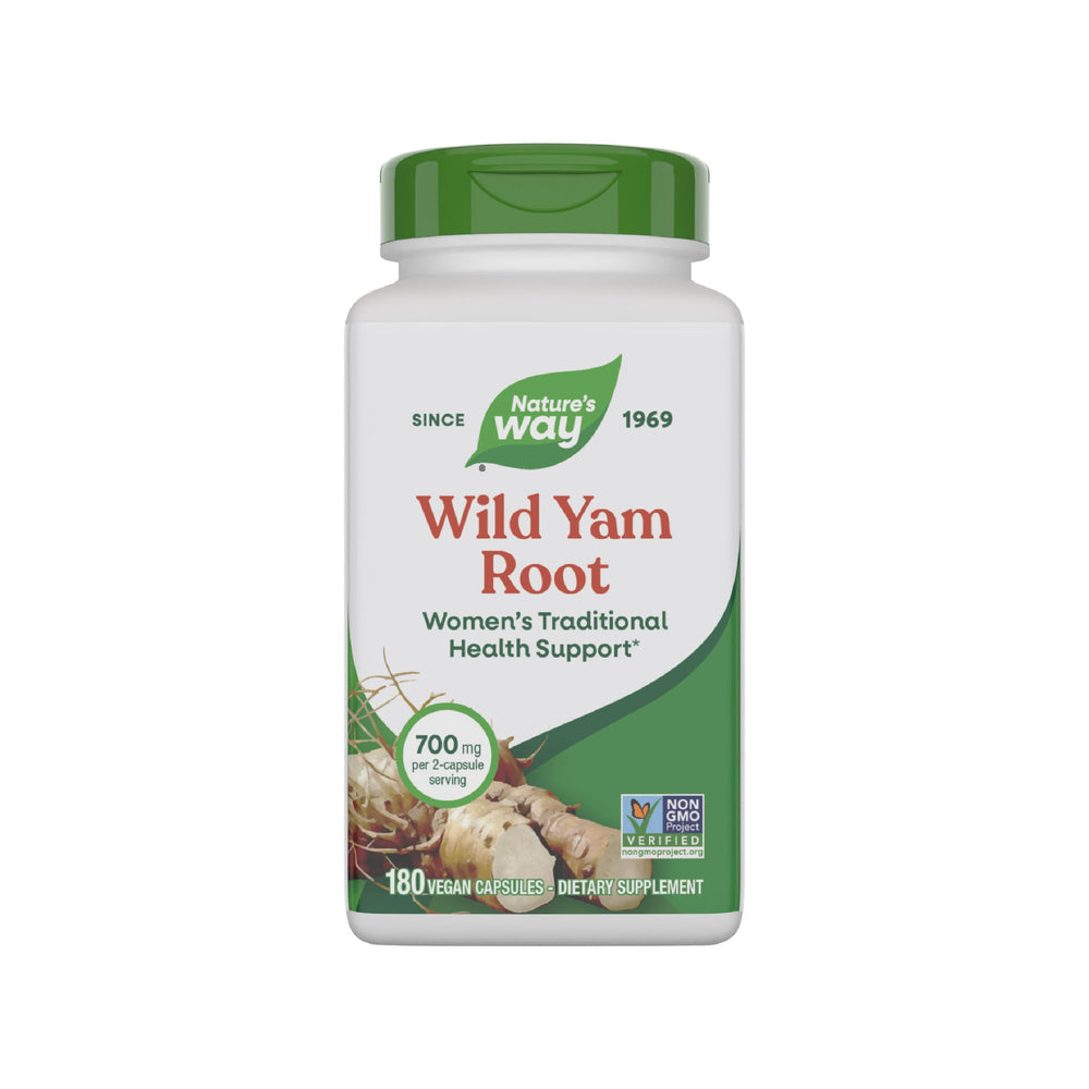 Nature's Way Wild Yam Root bottle label showing 700 mg per 2-capsule serving.
