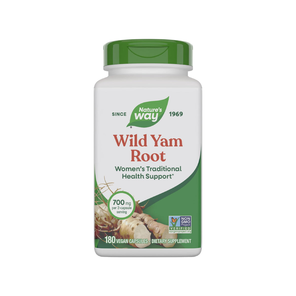 Nature's Way Wild Yam Root bottle label showing 700 mg per 2-capsule serving.