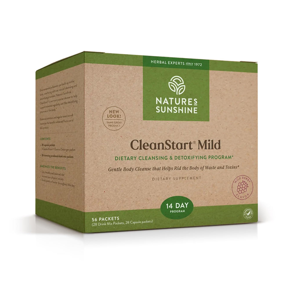 Nature's Sunshine CleanStart Mild packaging label signals gentle detox support.