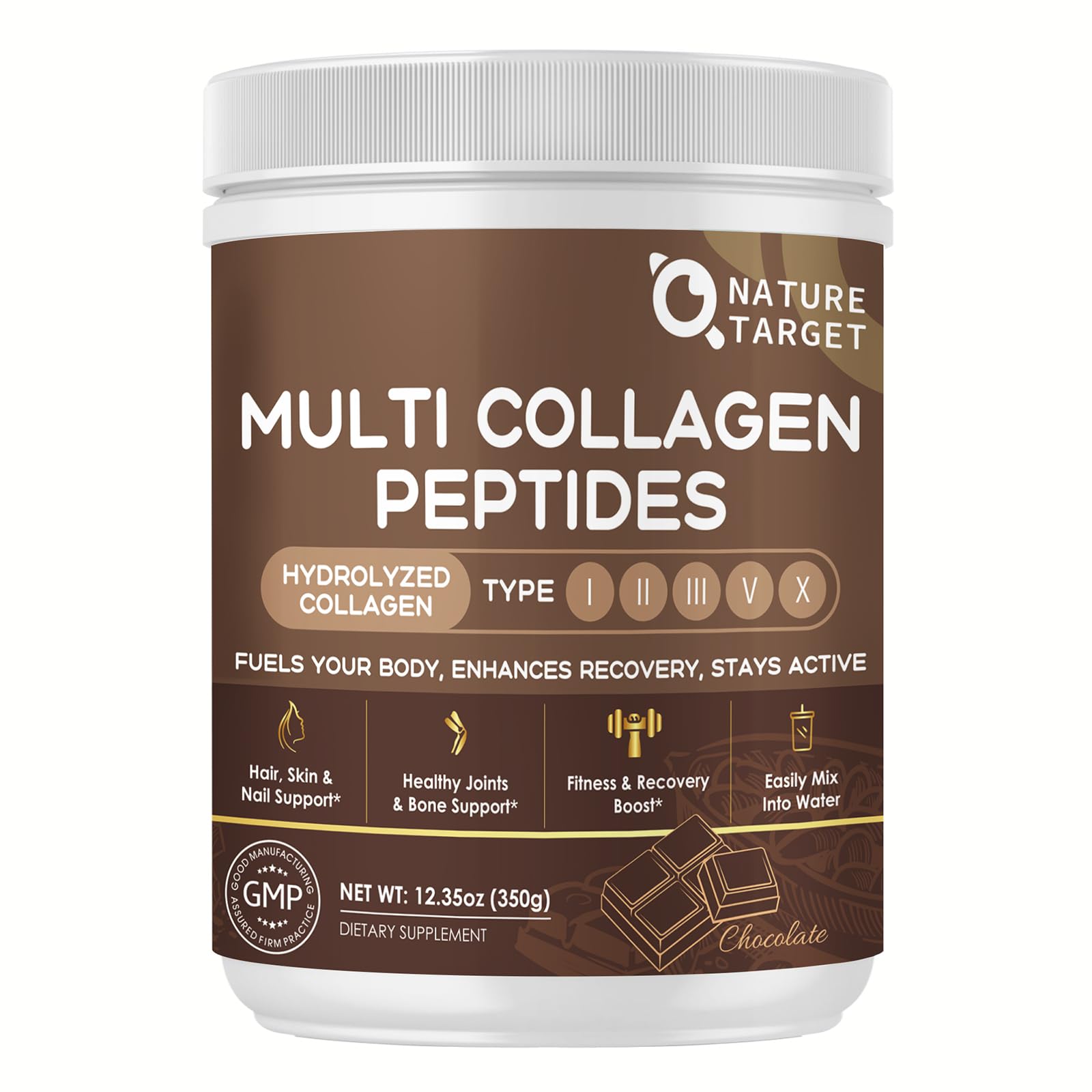 Bottle of Nature Target Chocolate Multi Collagen Peptides with label