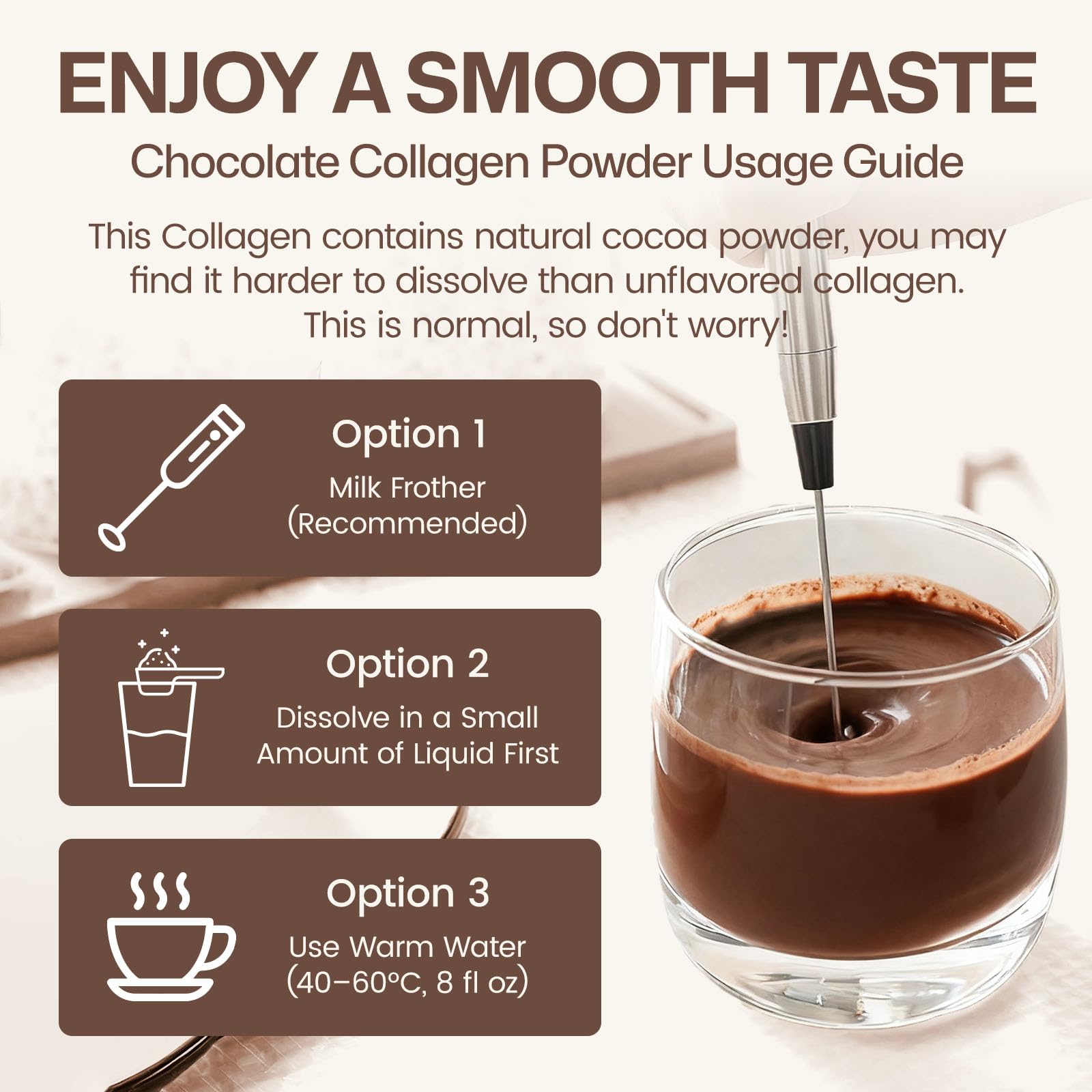 Prepared collagen beverage in a glass with chocolate flavor