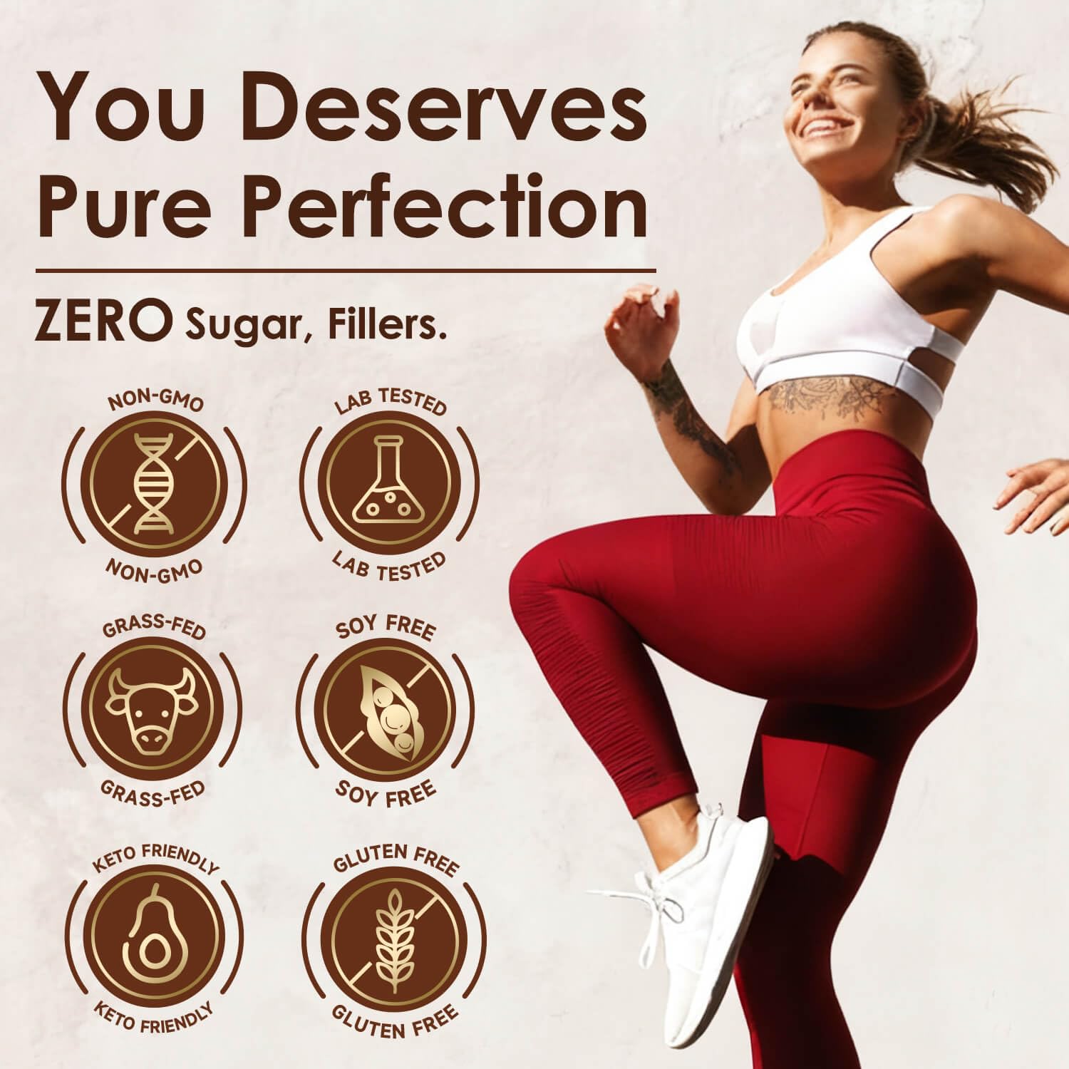 Nature Target grass-fed whey badge highlights natural sourcing and quality.