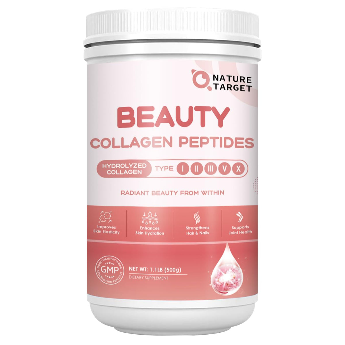 Front view of NATURE TARGET Beauty Collagen Peptides bottle