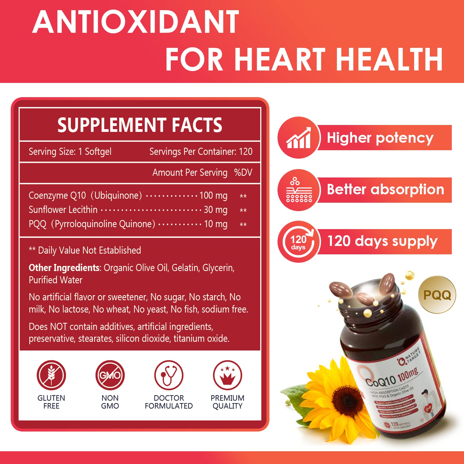 Back/side view showing label details of Nature Target CoQ10 softgels with olive oil
