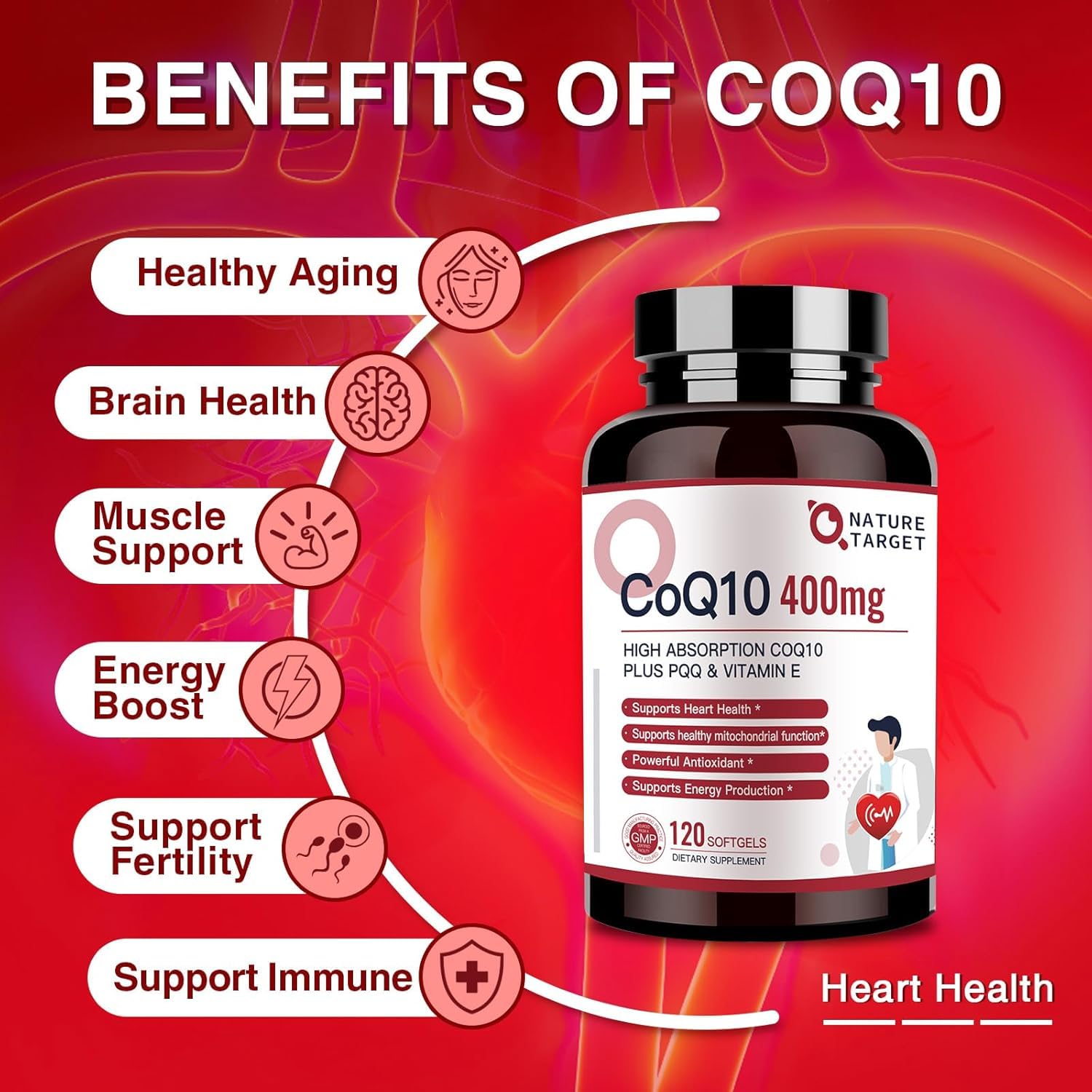 120-count bottle of Nature Target CoQ10 softgels