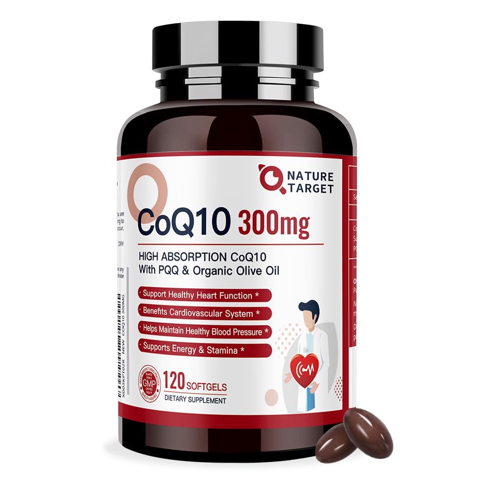 Front view of Nature Target CoQ10 300mg softgels with organic olive oil