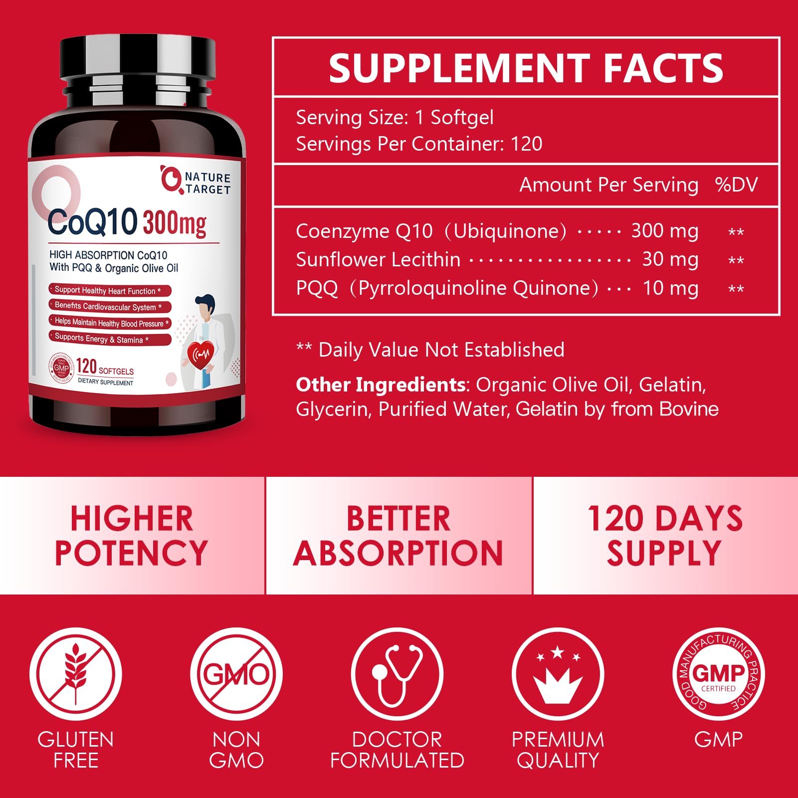 CoQ10 300mg softgels label highlighting PQQ and organic olive oil