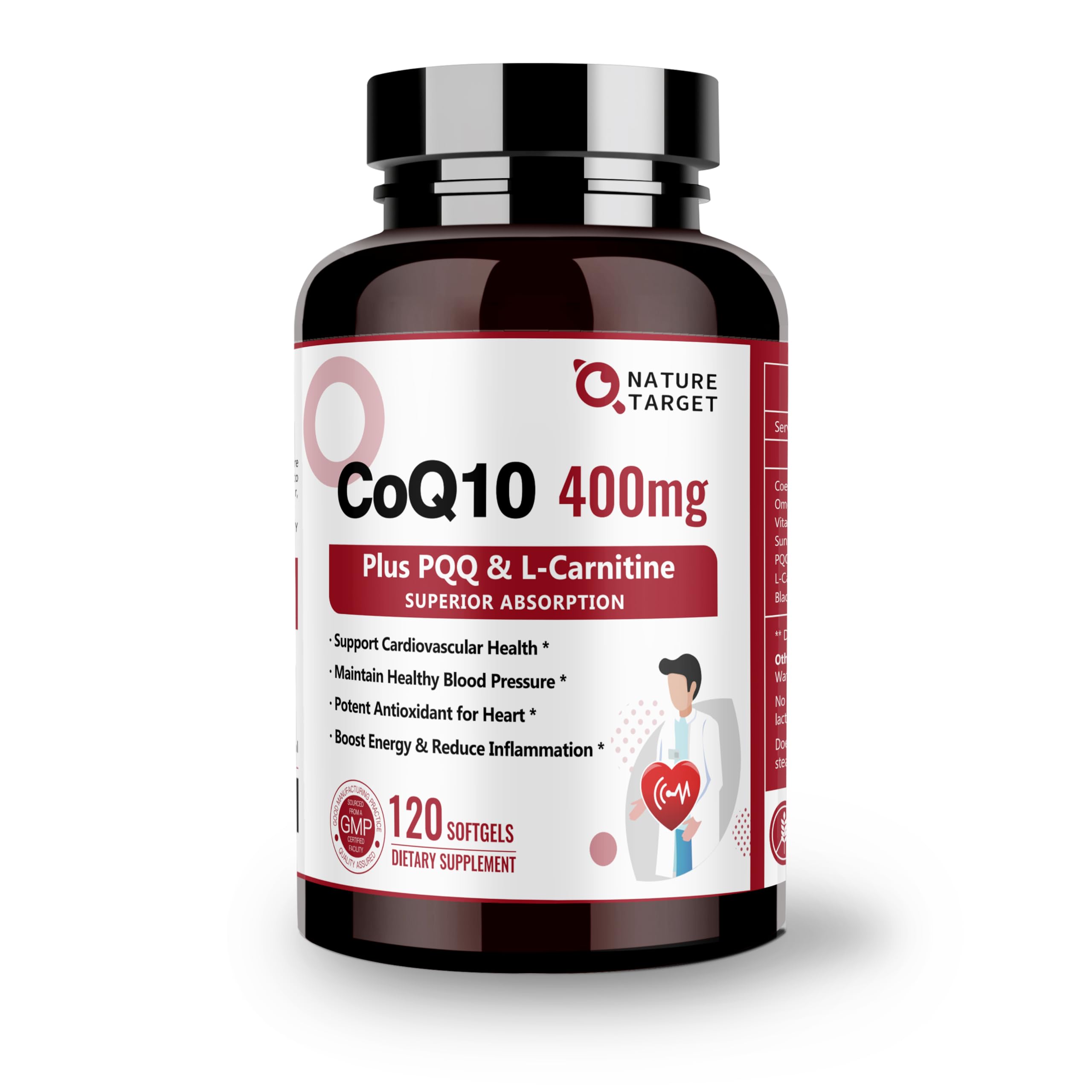 Nature Target CoQ10 400mg bottle with PQQ, Omega-3s and L-Carnitine
