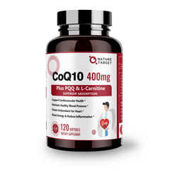 Nature Target CoQ10 400mg bottle with PQQ, Omega-3s and L-Carnitine