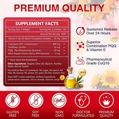 CoQ10 bottle label showing Vitamin E and Organic Olive Oil