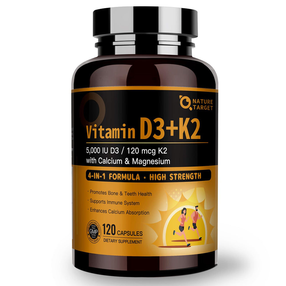 Bottle of Nature Target Vitamin D3 K2 with Calcium & Magnesium, 120-count