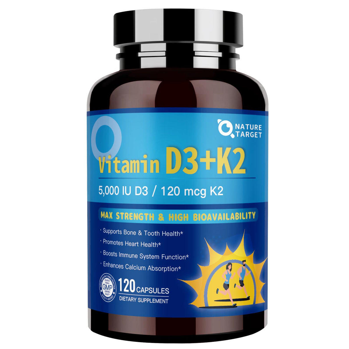NATURE TARGET Vitamin D3 K2 6-in-1 bottle with 5000 IU D3 and 120 mcg K2