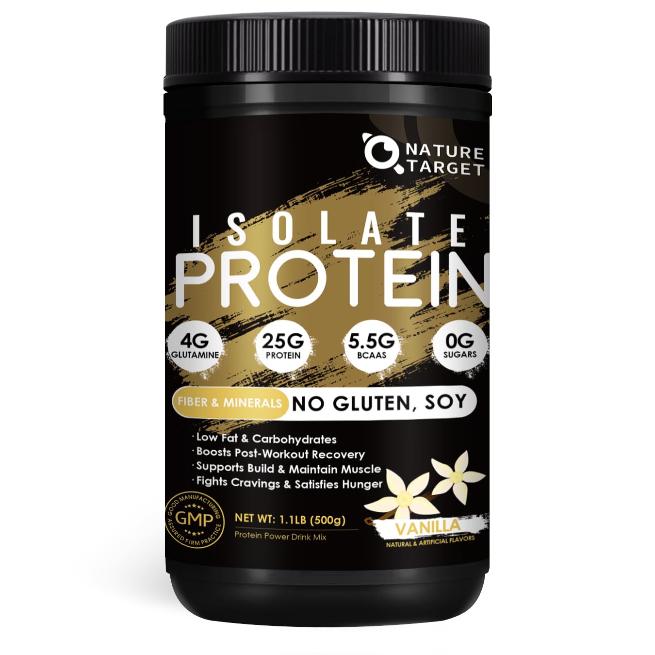 NATURE TARGET Isolate Whey Protein Powder Vanilla bottle with scoop
