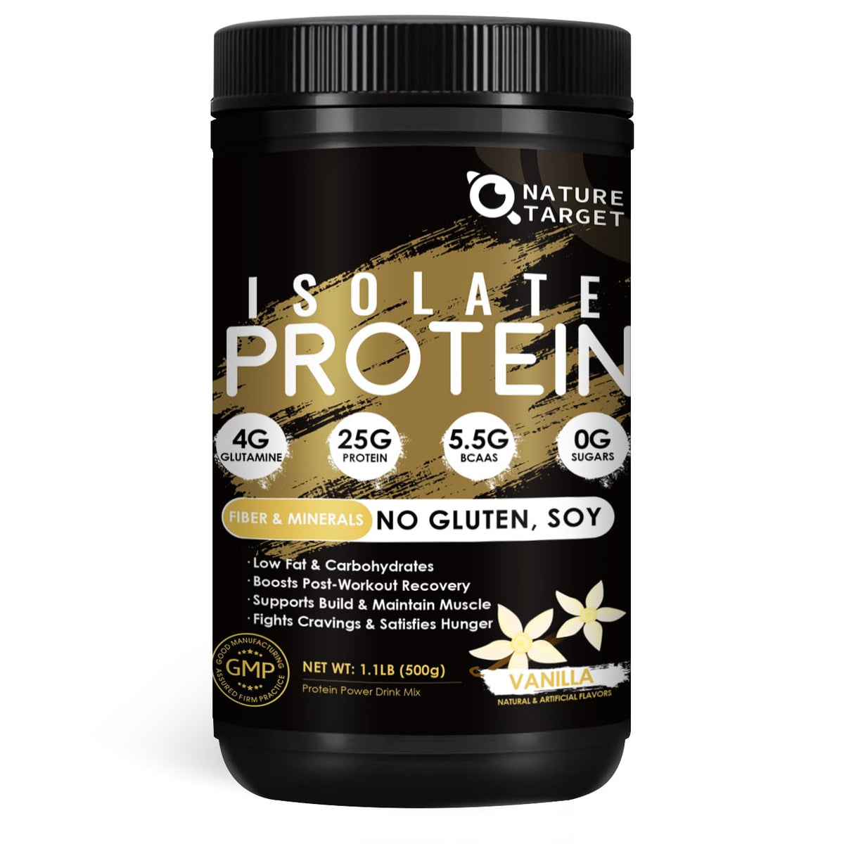 NATURE TARGET Isolate Whey Protein Powder Vanilla bottle with scoop