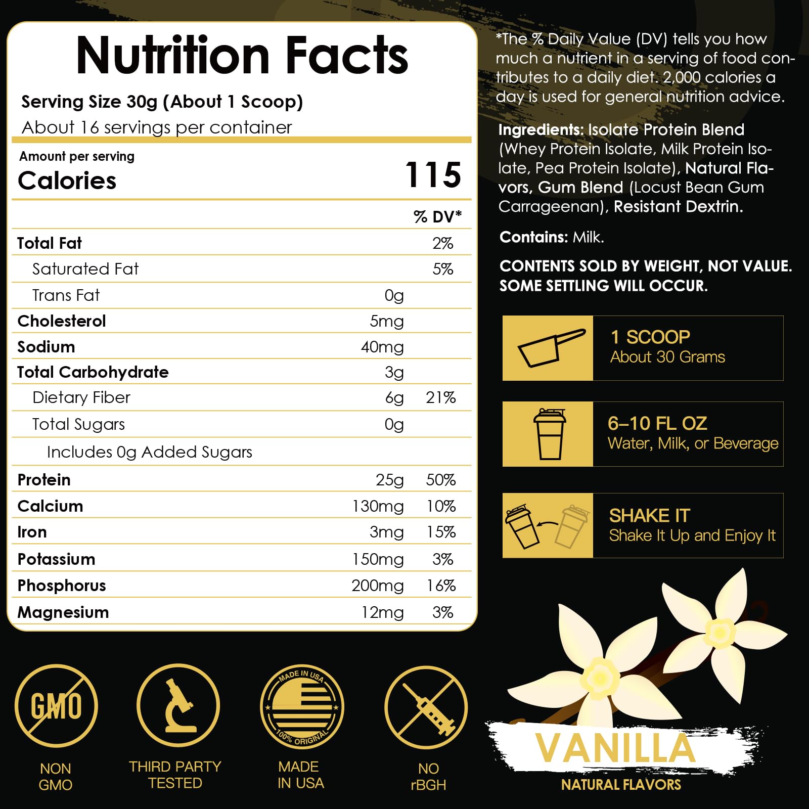 Vanilla isolate whey protein powder close-up scoop
