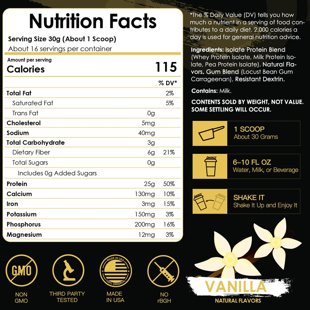 Vanilla isolate whey protein powder close-up scoop
