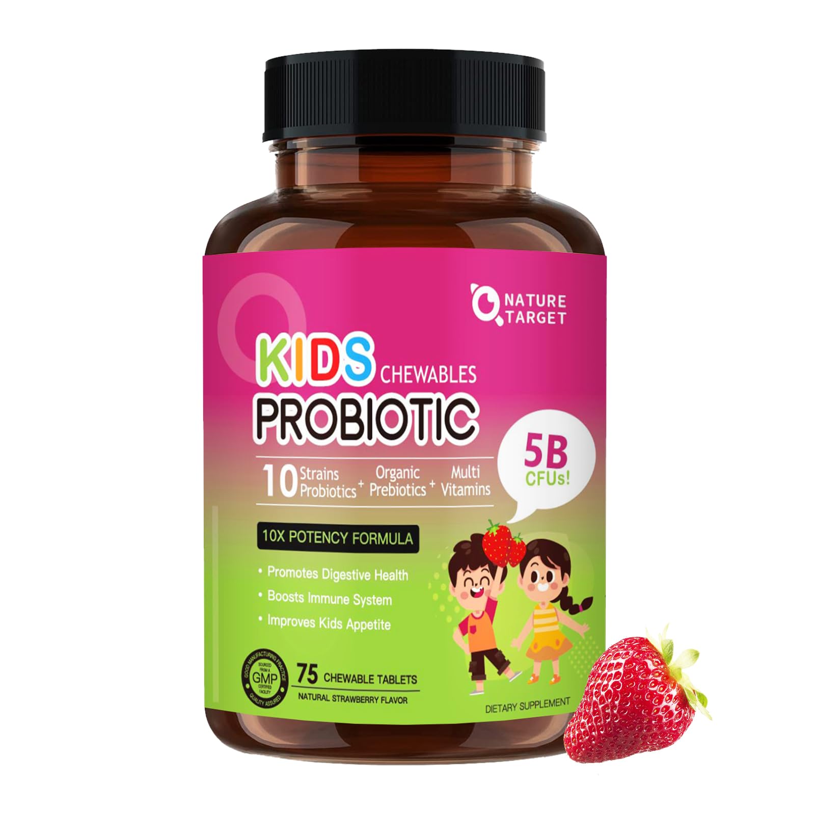Nature Target Kids Probiotic Chewable bottle with strawberry flavor