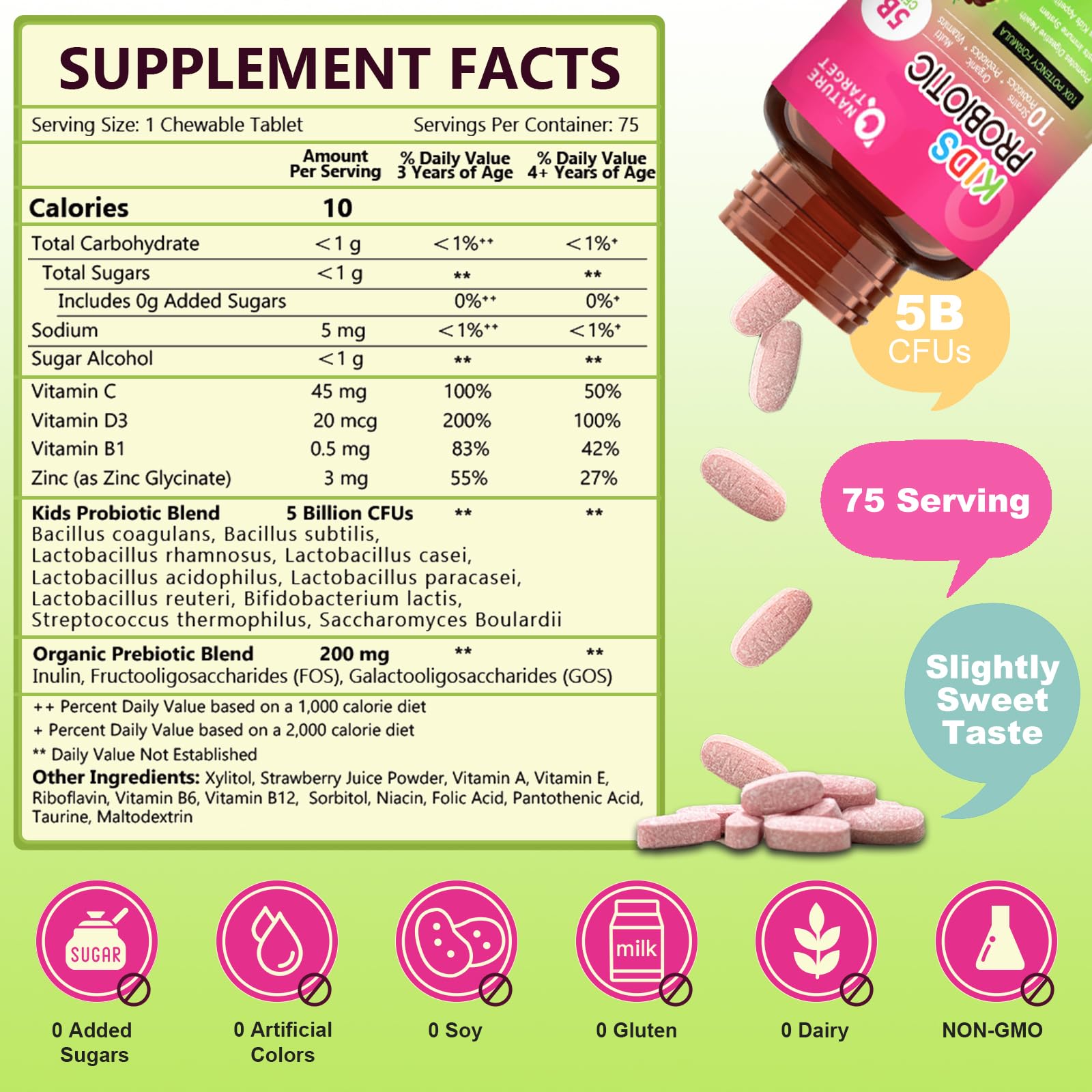 Nutrition label showing 5 Billion CFUs and 75 servings