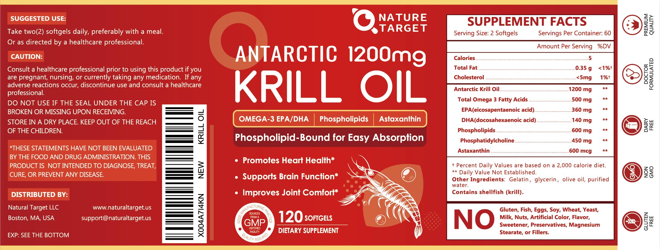 Nutrition facts and ingredients panel for Nature Target Krill Oil
