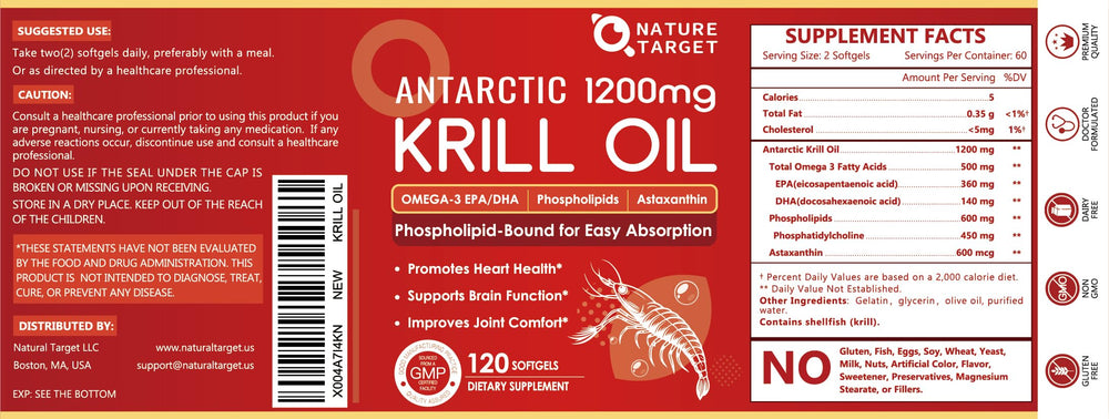 Nutrition facts and ingredients panel for Nature Target Krill Oil