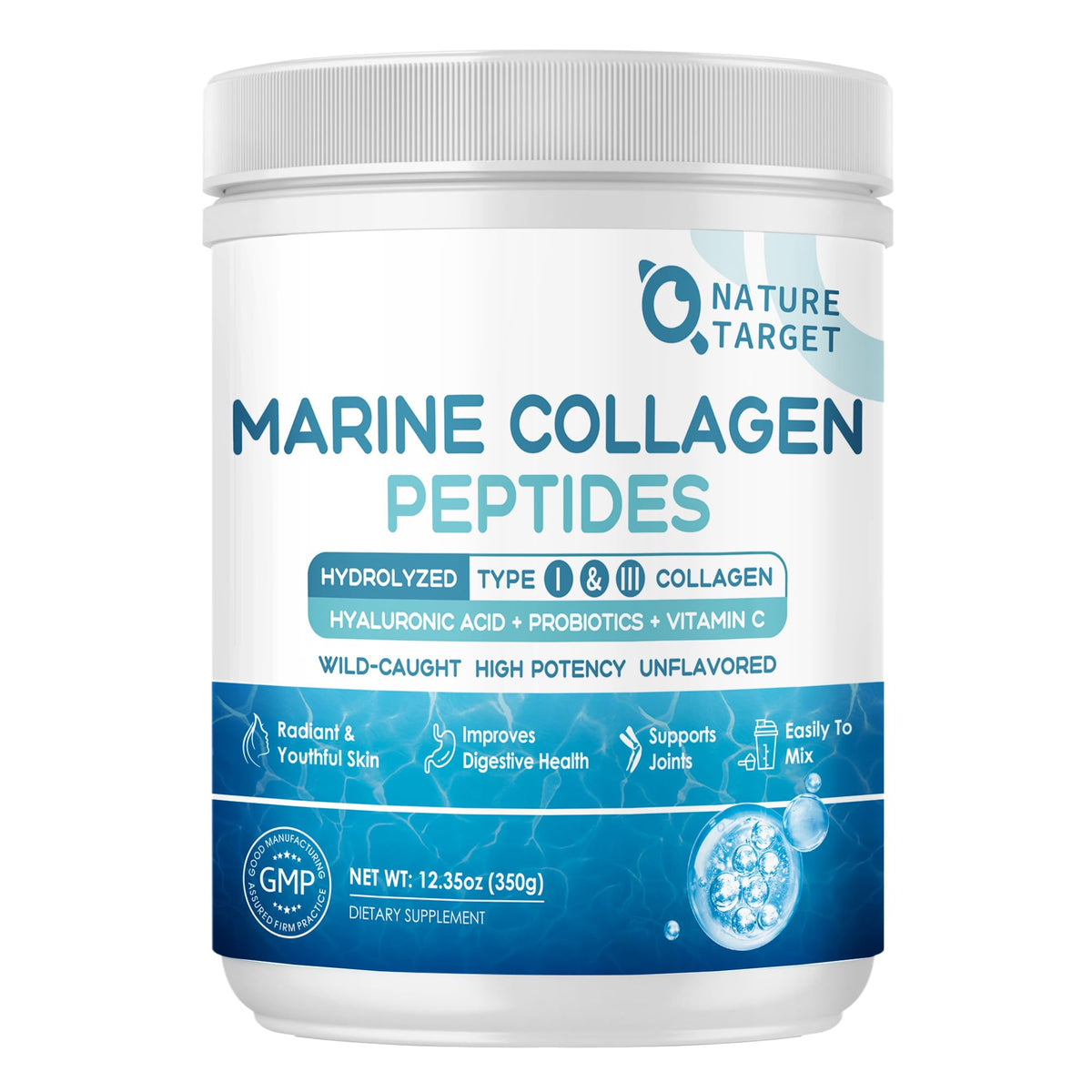 Nature Target Marine Collagen Peptides Powder bottle with scoop