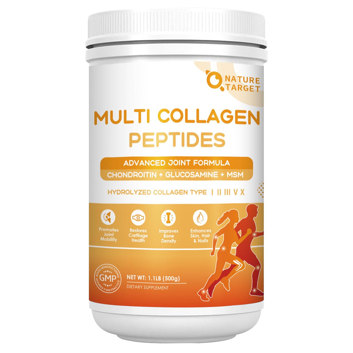 Nature Target Multi-Collagen-Peptides powder jar with scoop