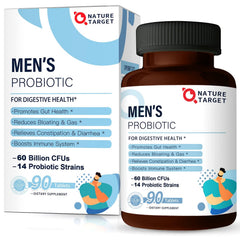 Nature Target Probiotics for Men bottle label displaying 60B CFUs and 14 strains