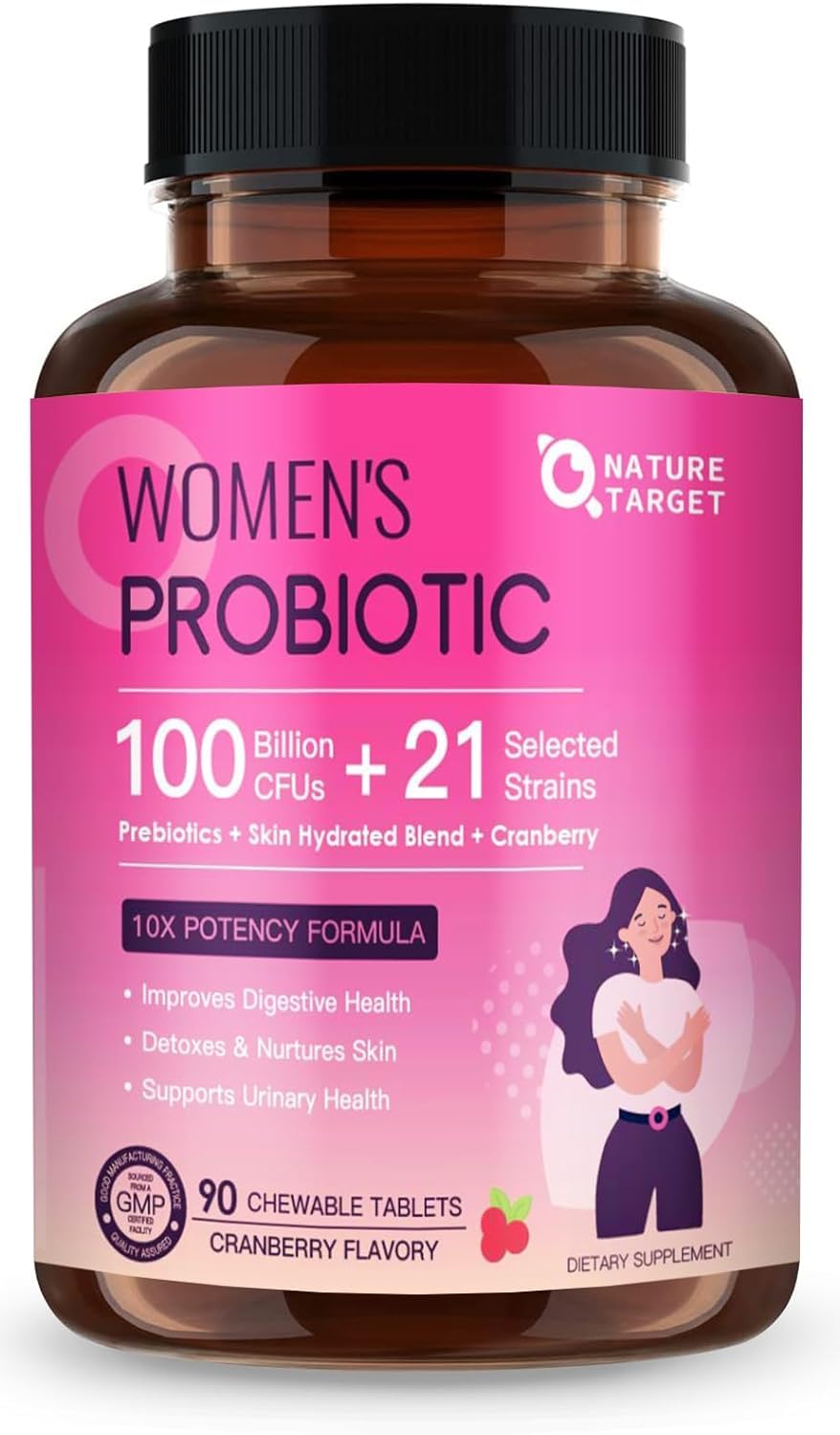 Nature Target Probiotics for Women bottle front with cranberry flavor