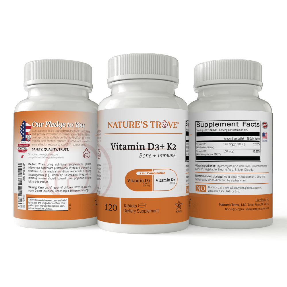 Close-up of Nature's Trove Vitamin D3 5000 IU + K2 100 mcg tablets
