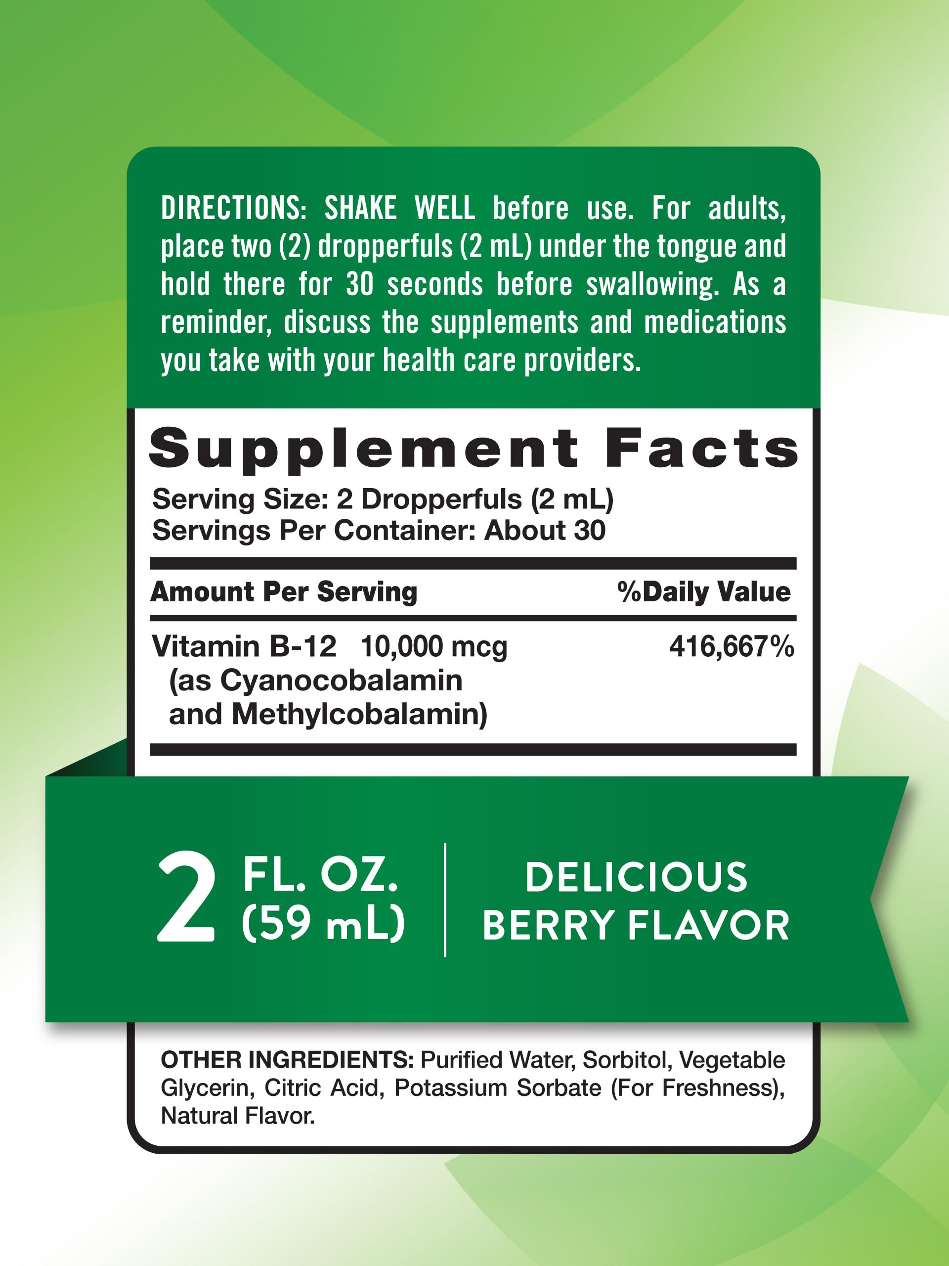 Close-up of Nature's Truth B12 Sublingual Liquid Drops bottle with 10,000 mcg label