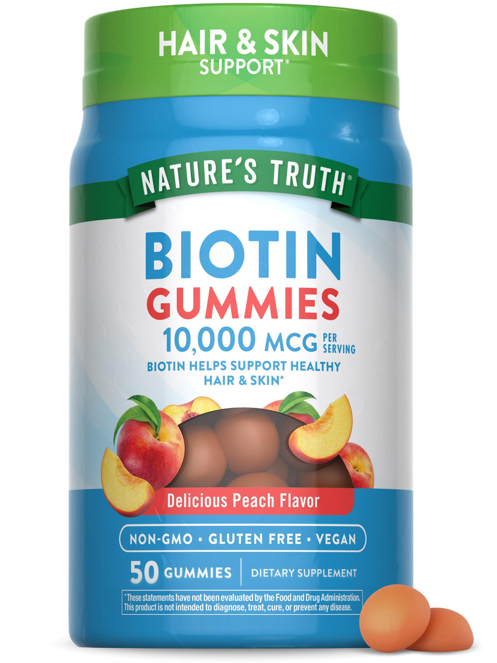 Nature's Truth Biotin Gummies bottle front with peach flavor label