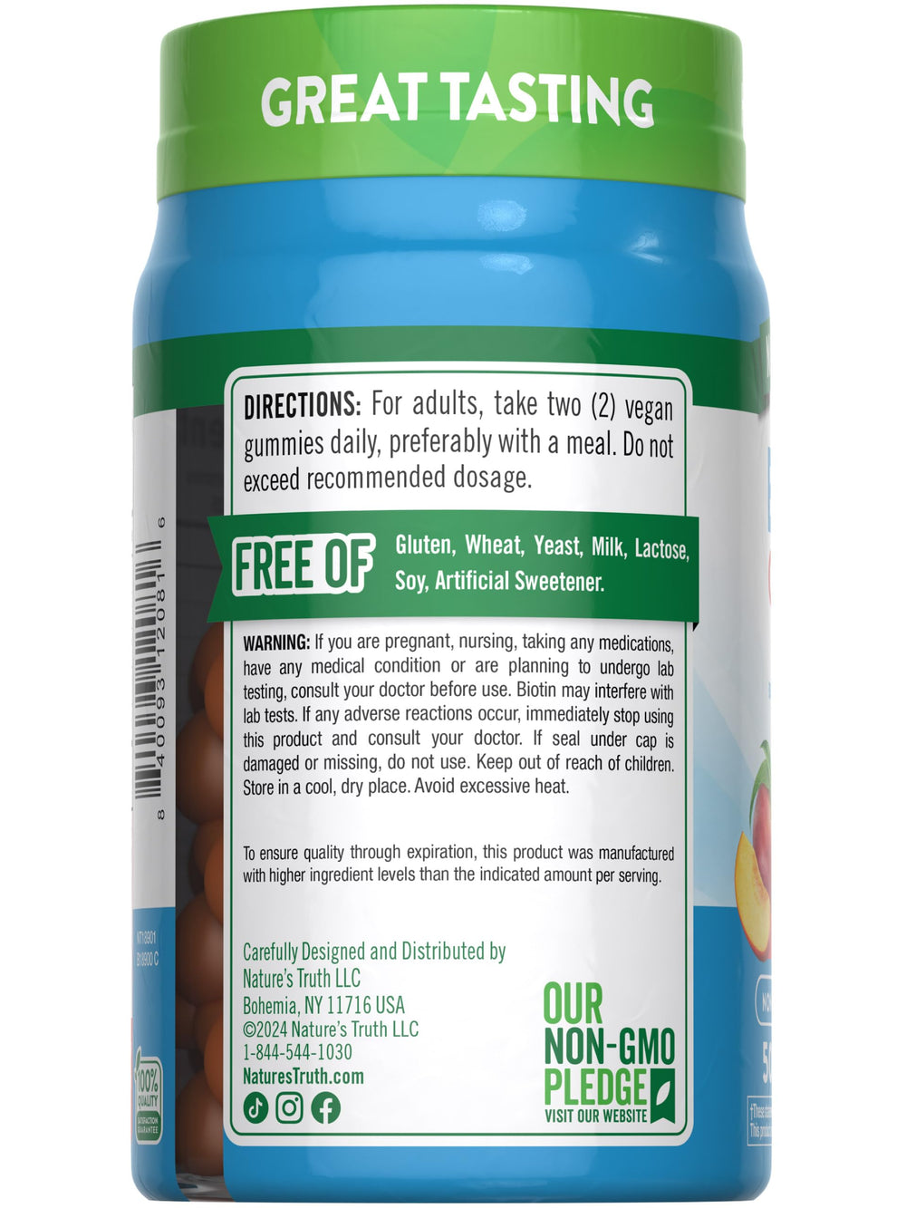 Product label highlighting 50 count vegan non-GMO gluten-free