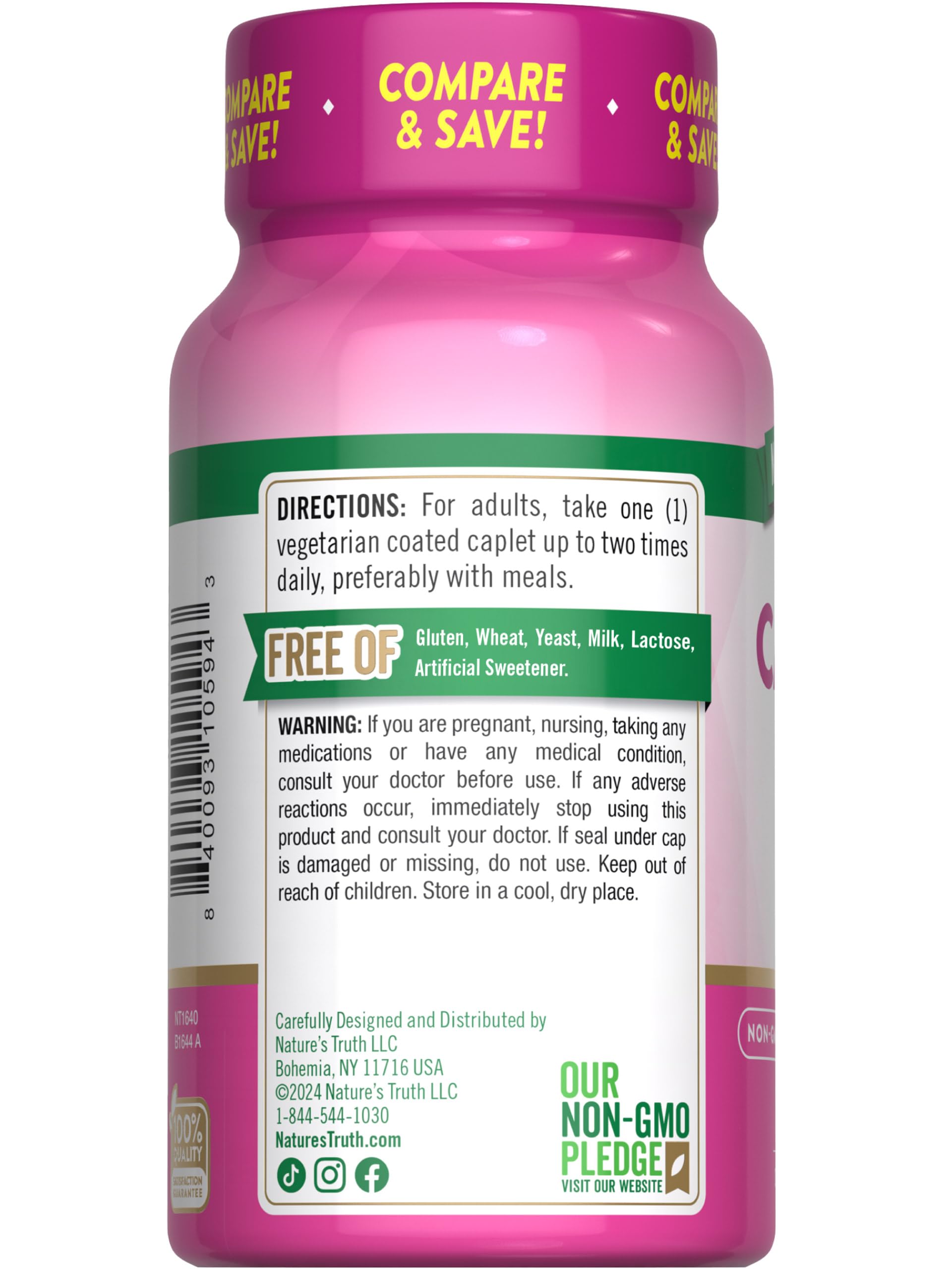 Front view of Nature's Truth calcium bottle with caplets