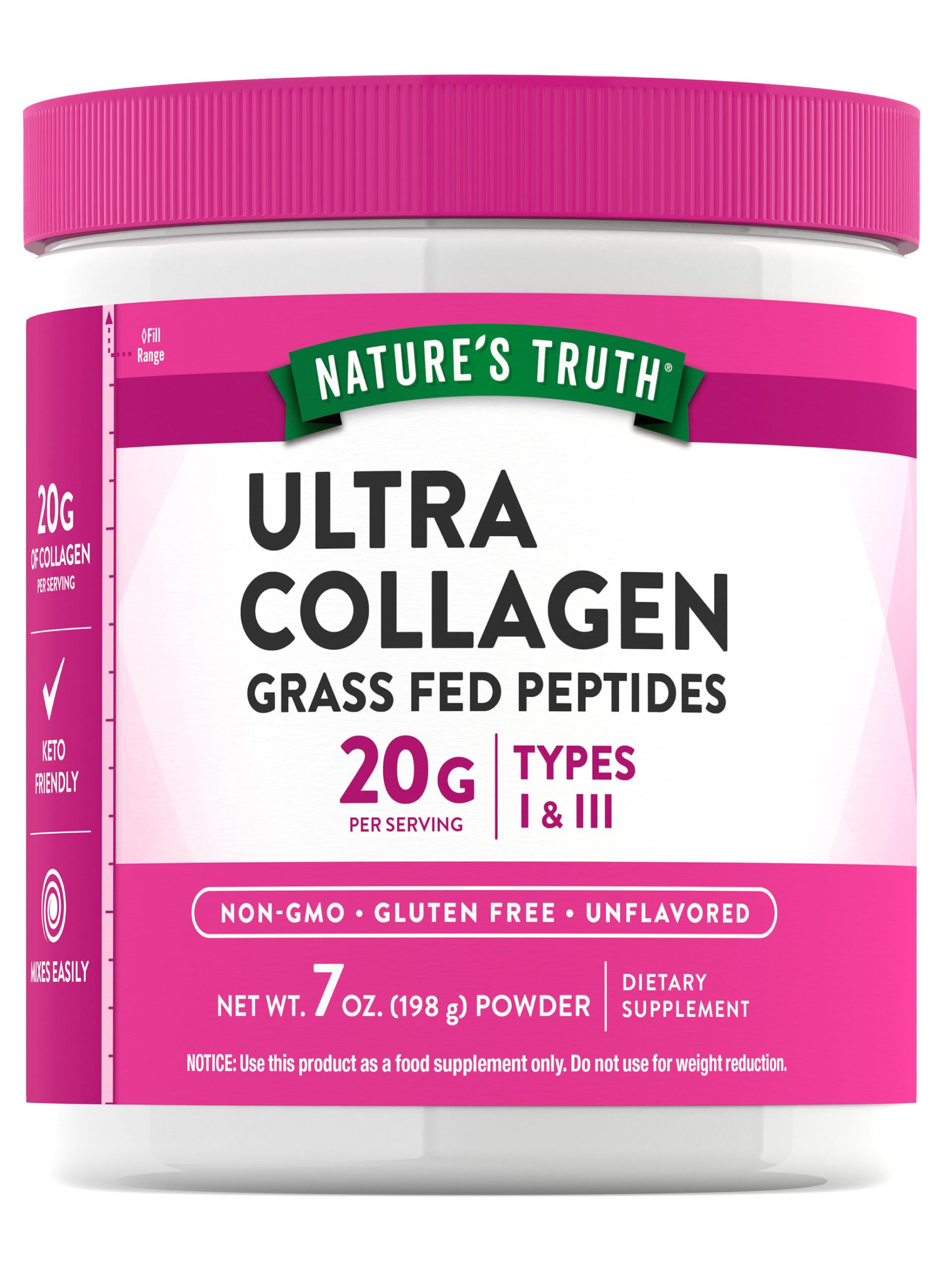 Front view of Nature's Truth Collagen Powder 7 oz bottle, unflavored, grass-fed Type I & III