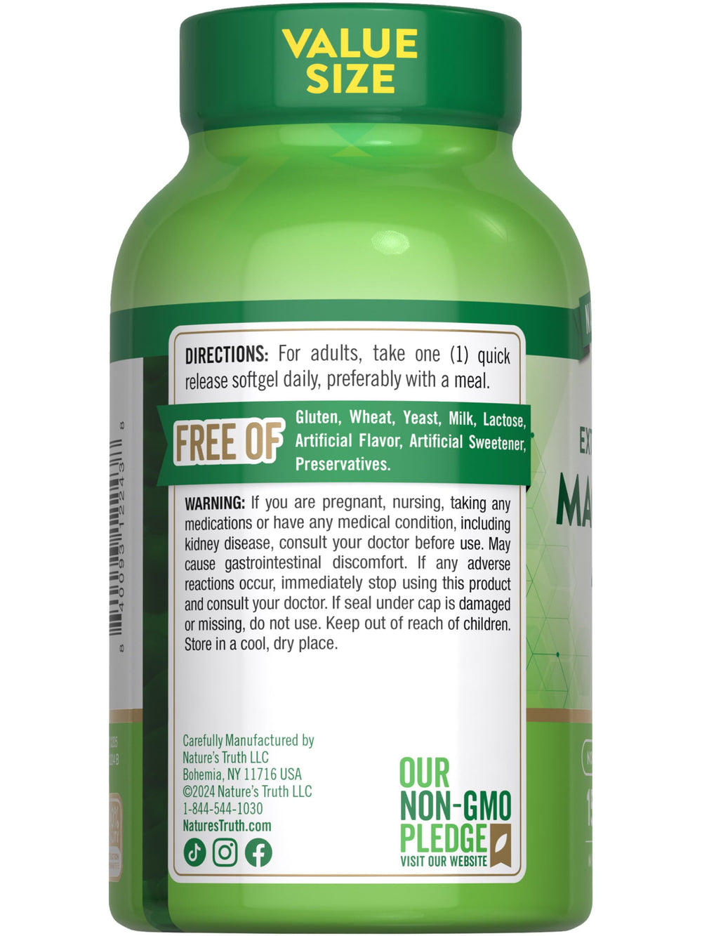 Nutrition facts panel for Nature's Truth magnesium supplement