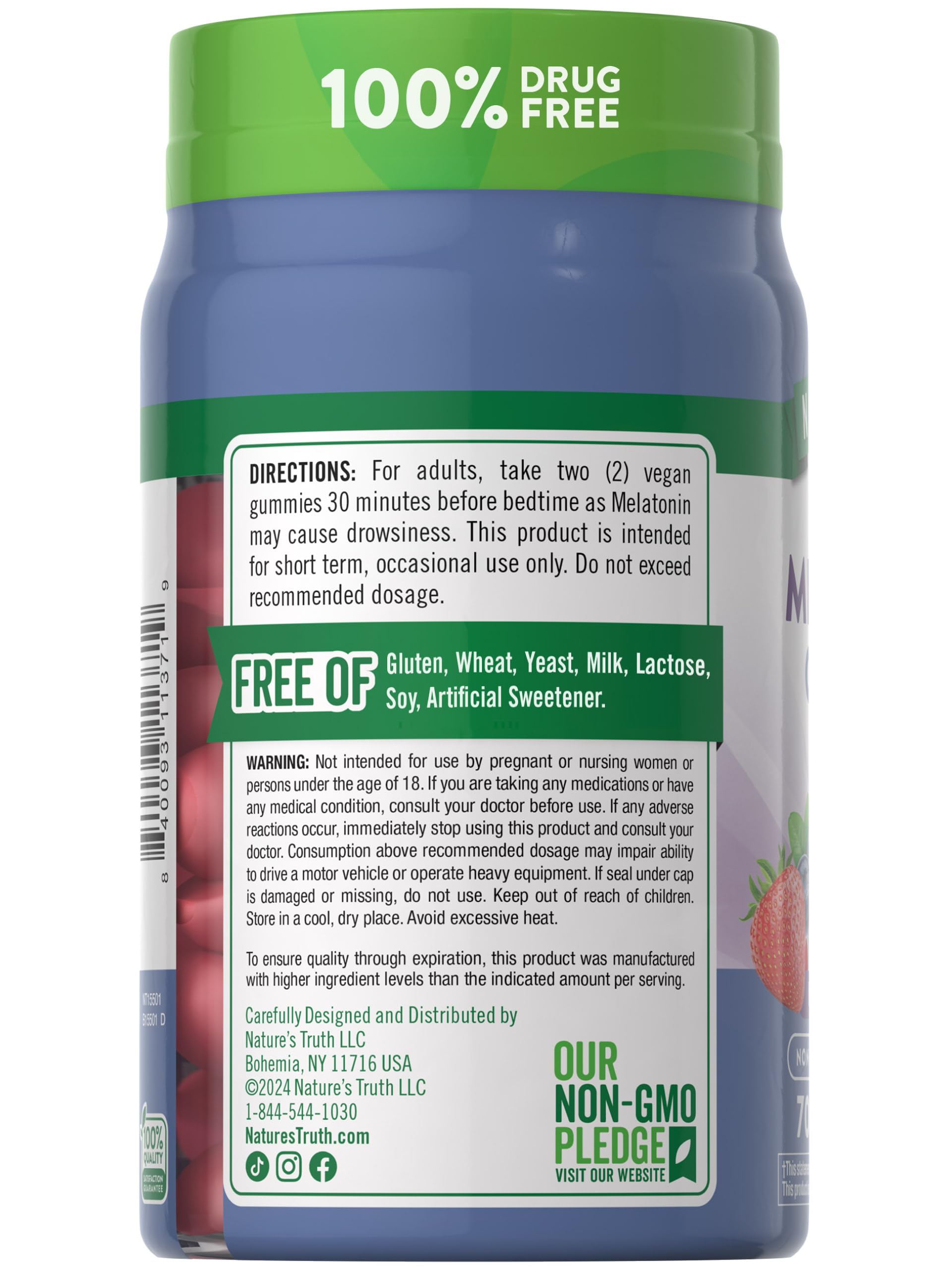 Nutrition facts panel for Nature's Truth Melatonin Gummies Berry flavor