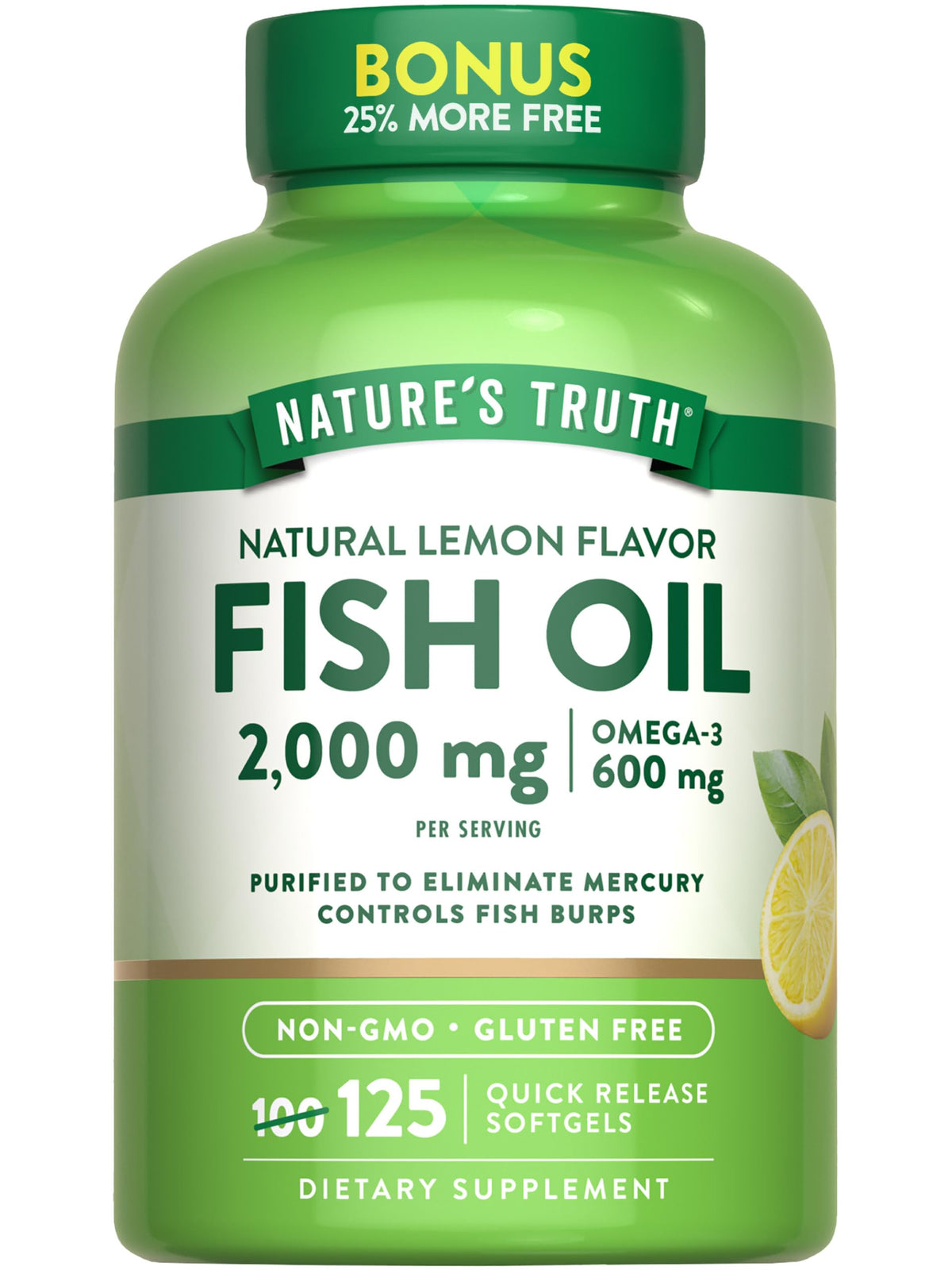 Nature's Truth Omega-3 Fish Oil 2000 mg bottle with 125 lemon-flavored softgels