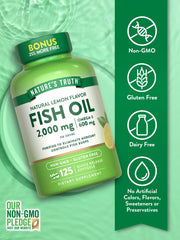 Packaging showing Nature's Truth Omega-3 Fish Oil 2000 mg 125 softgels (Non-GMO, Gluten Free)