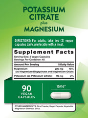 Back label showing supplement facts for potassium and magnesium
