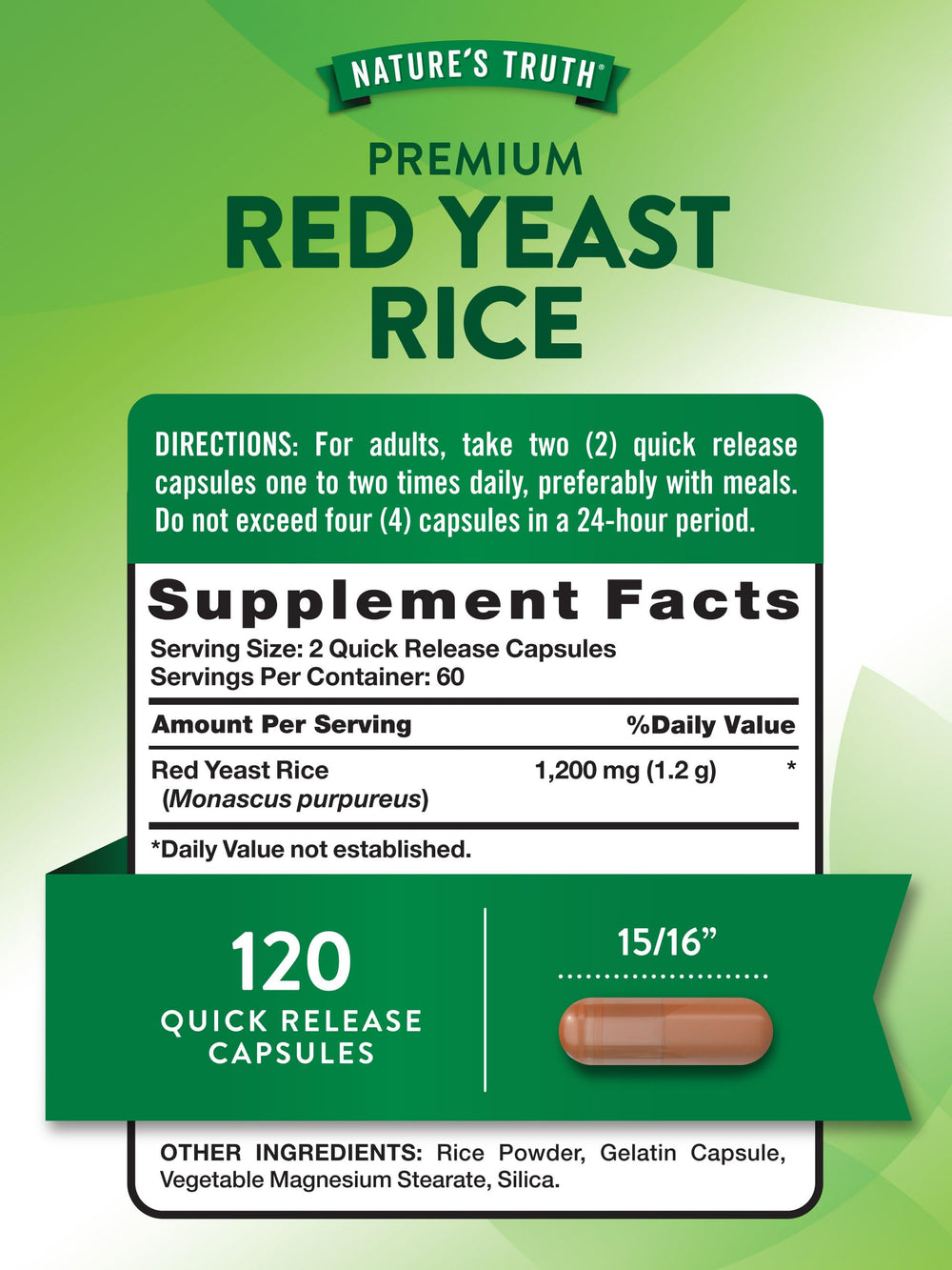 Close-up of red yeast rice capsules next to bottle