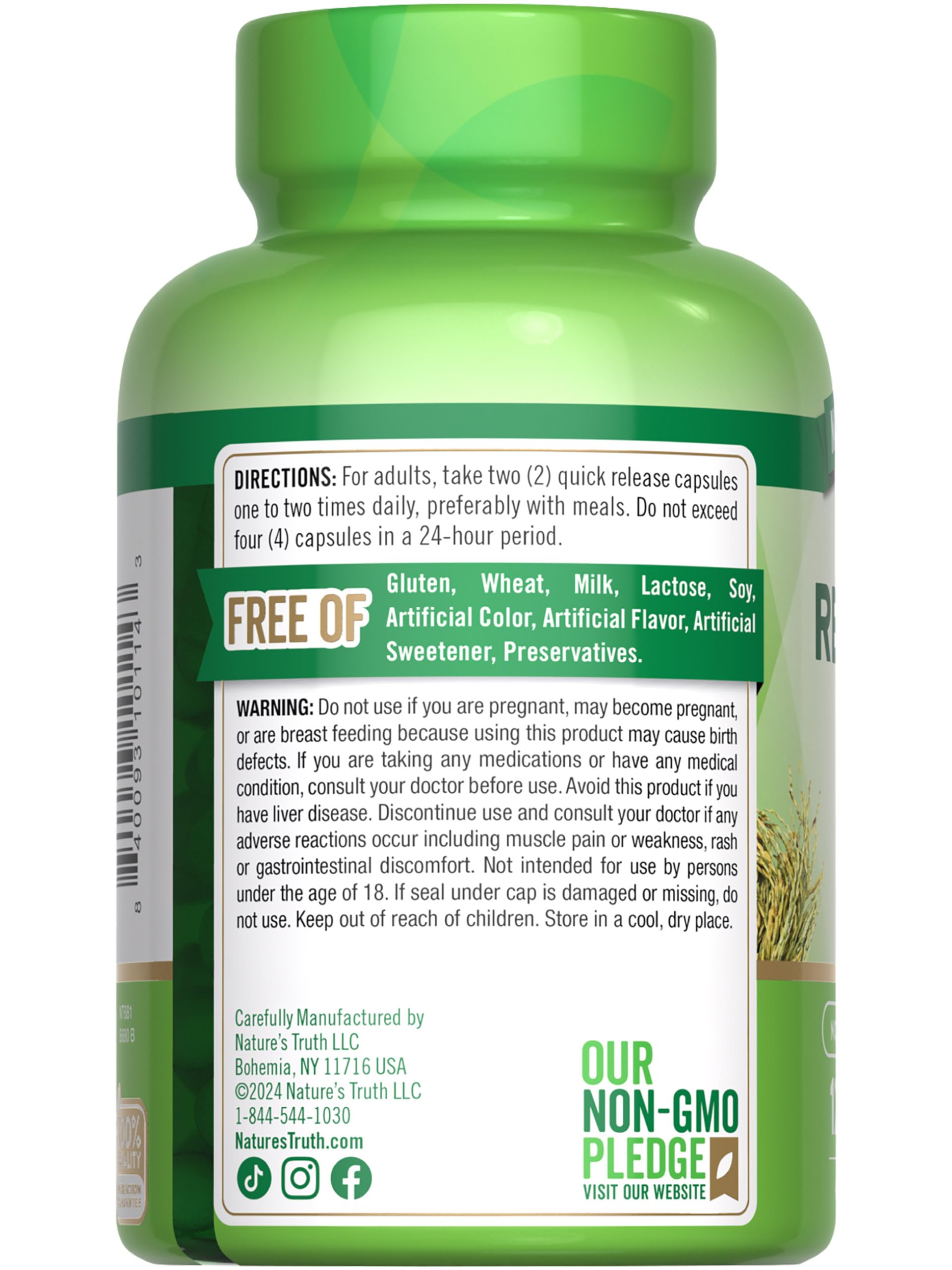 Non-GMO and gluten-free red yeast rice supplement bottle